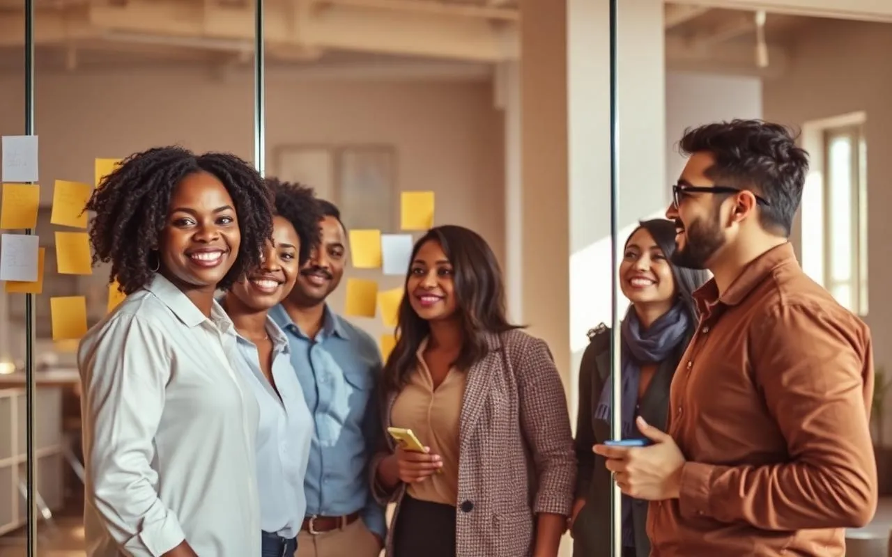 Team im Loft-Büro plant Anforderungen an einer Glaswand